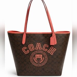 Coach Field Tote 30 Signature Canvas Brown Coral Red Leather Large Tote Bag EUC